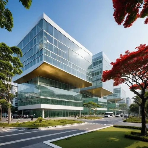 ISLAMIC CANCER  HOSPITAL, TWO STOREYS, SURABAYA, STREET JUNCTION, RED CRESCENT LOGO, PERFORATED BLACK METALS BUILDING COVER, LARGE PARKING AREA AT FRONT, LARGE STEEL COLLONADE , GOLDEN LINING, EXPOSED