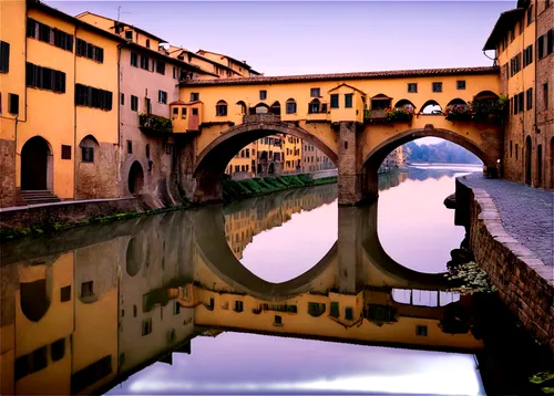 Medieval stone bridge, Ponte Vecchio, Tuscany, Italy, arched span, water reflection, River Arno, medieval architecture, worn cobblestone road, wooden shop stalls, rustic lanterns, morning mist, warm s