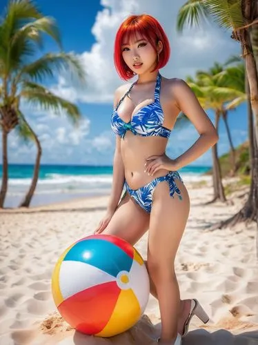 beach ball,beach toy,candy island girl,gravure idol,redhead doll,the sea maid,the beach pearl,coconuts on the beach,nami,beach background,two piece swimwear,pin-up model,beach shell,pinup girl,japanese ginger,beach chair,cosplay image,beached,hula,japanese idol,Conceptual Art,Fantasy,Fantasy 15