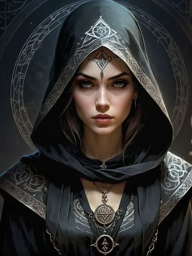 Woman,Occult Ritualist,sorceress,priestess,dark elf,the enchantress,triquetra,fantasy portrait,elven,celtic queen,jaya,fantasy art,female warrior,gothic portrait,caerula,heroic fantasy,massively multi