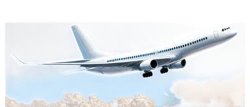 Commercial airliner, soaring through clouds, wings outstretched, engines roaring, tailfin shining, cockpit windows reflecting sunlight, fuselage metallic sheen, contrails streaming behind, blue sky ba