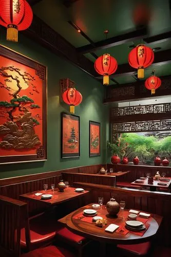 Chinese restaurant interior design, traditional Chinese decor, red lanterns, golden accents, wooden tables, round stools, intricate carvings, oriental patterns, lucky cat figurine, fish tank, bamboo s