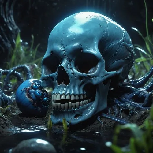 dark fantasy anime, cinematic, high-definition computer graphics, dynamic view, best framing, HD12K quality, a blue baby-faced larva crawling on a human skull in a swampy environment,,skull statue,sku