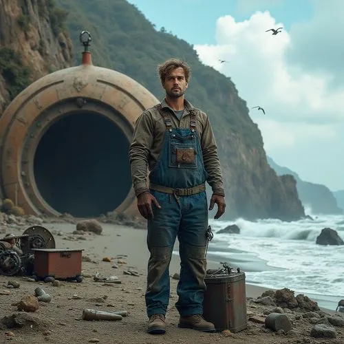 Coastal, futuristic workshop, rammed earth architecture, solo male engineer, 30s, short messy hair, goggles on forehead, leather gloves, denim overalls, metal toolbox, scattered mechanical parts, beac