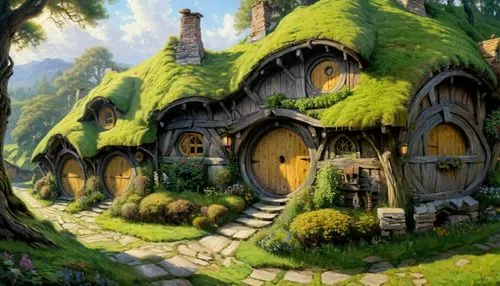 fairy village,fairy house,hobbiton,houses clipart,home landscape,house in the forest,hobbit,witch's house,dandelion hall,druid grove,aurora village,little house,beautiful home,ancient house,stone houses,knight village,grass roof,escher village,fantasy picture,fantasy art