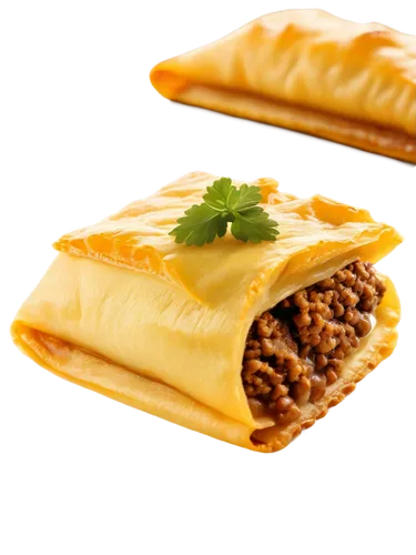 Golden empanadilla, savory pastry, crispy edges, flaky layers, melted cheese, juicy meat filling, garnished with fresh cilantro, solo, close-up, 3/4 composition, warm lighting, shallow depth of field,