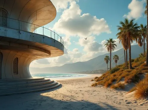 beach landscape,futuristic architecture,beachfront,seaside resort,futuristic landscape,dune landscape,beachhouse,beach house,beach scenery,seaside view,shorefront,dream beach,oceanfront,virtual landscape,dunes house,seafront,venice beach,dune sea,walkway,tropical house,Photography,General,Realistic