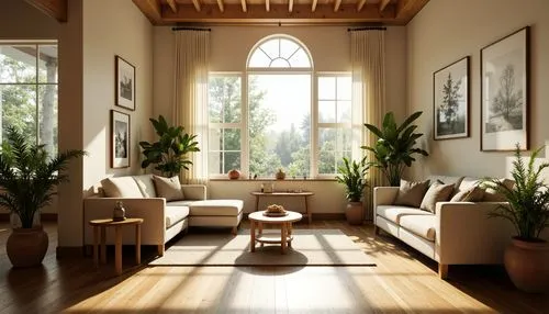 sunroom,sitting room,living room,livingroom,wooden windows,home interior,3d rendering,interior decor,interior design,houseplants,house plants,interior decoration,interiors,indoor,great room,bay window,daylighting,furnishings,houseplant,modern room