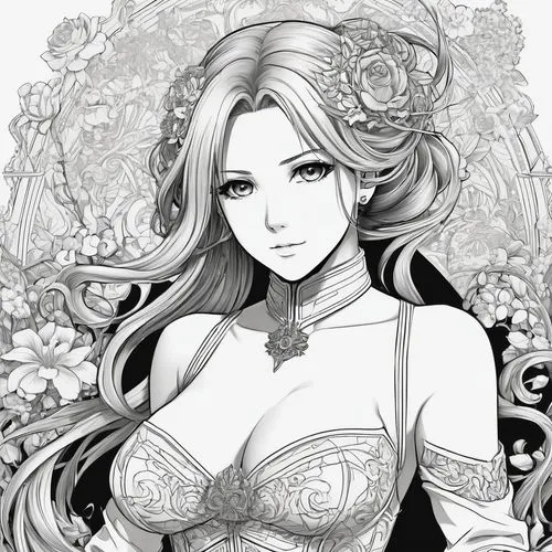 noblewoman,aerith,orihime,oriental princess,diaochan,cheongsam,Illustration,Black and White,Black and White 03