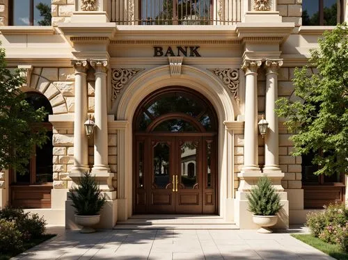 Ornate bank facade, grandiose entrance, intricately carved stonework, ornamental columns, sweeping arches, rusticated base, decorative cornices, classical pediments, richly textured stone walls, warm 