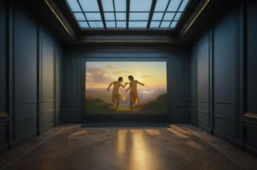 a painting in a room with two people on the wall,magritte,romantic scene,mauritshuis,lachapelle,room door,art gallery