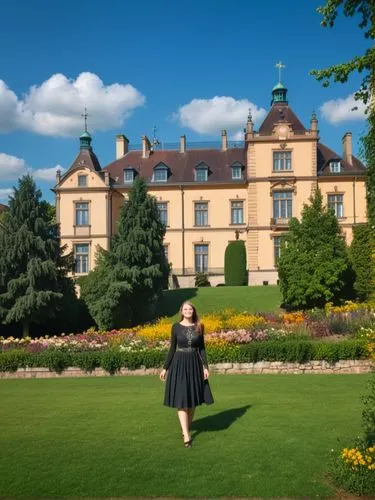 In the background you can see the majestic Württemberg Royal Palace in the heart of Stuttgart, a symbol of Württemberg's rich history. The air is filled with the scent of flowers in bloom. A girl in a