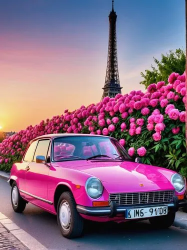 pink car,french digital background,nissan figaro,opel record coupe,france,flower car,citroën elysée,daimler sp250,citroën ds,triumph vitesse,french culture,coquette,flower background,anemone de caen,triumph tr 6,triumph tr6,honda s600,paris,universal exhibition of paris,austin allegro,Photography,General,Realistic