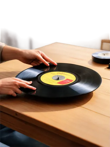 Vinyl record, gentle hands holding, soft focus, morning sunlight, wooden table, minimalistic background, calm atmosphere, warm lighting, shallow depth of field, 3/4 composition, close-up shot, vintage