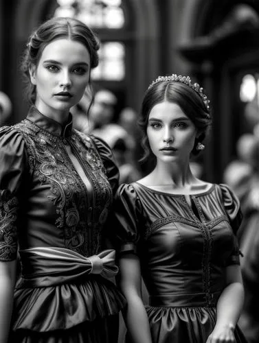 black & white image,two women are wearing different dresses and standing side by side,victoriana,victorian style,joint dolls,maidservants,miniaturist,fashion dolls