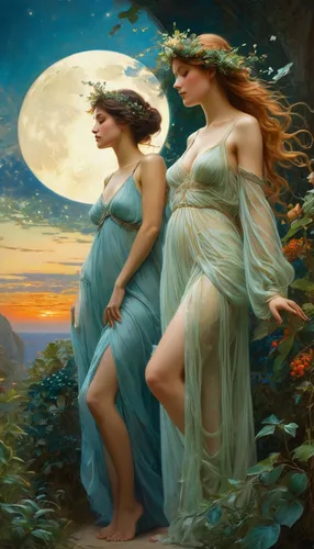 celtic woman,emile vernon,secret garden of venus,fantasy picture,fairies aloft,bouguereau,sun and moon,idyll,capricorn mother and child,druids,celestial bodies,mother earth,the night of kupala,blue moon rose,the three graces,fairies,blue moon,spring equinox,young women,moonlit night,Conceptual Art,Fantasy,Fantasy 05