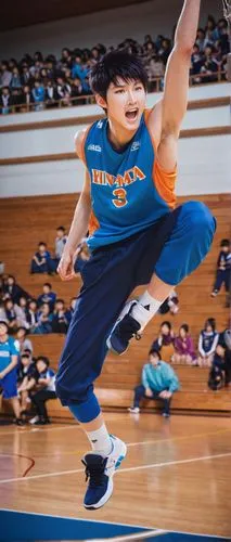 Hinata Shoyo, male, volleyball player, Konoha High School, energetic, determined facial expression, short spiky hair, bright blue eyes, athletic build, volleyball jersey, sweatpants, sneakers, holding