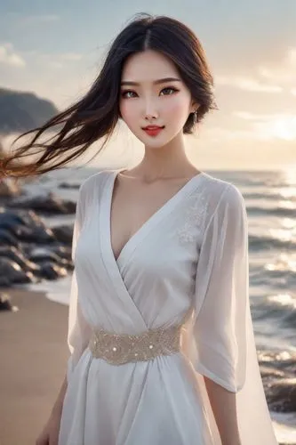 realistic rich colors, full-length, very beautiful charming Chinese woman in white, beautiful expressive eyes, beautiful thin lips, beautiful long hair, on the ocean shore, blue sky,,suzy,joy,solar,be