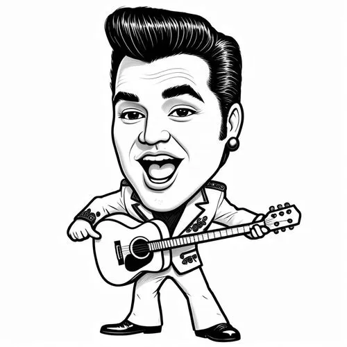 pencil drawing style  Julius Leblanc Stewart Caricature style drawing of a celebrity, big head, small body, exaggerated facial expressions. A 3D animated character resembling Elvis Presley, wearing a 