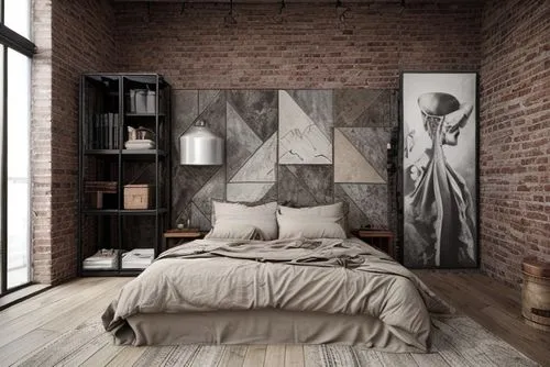 neutral colors, overcast mood, overcast illumination,loft,modern decor,contemporary decor,modern room,wall decor,sleeping room,wall plaster,wooden wall,wall decoration,bedroom,geometric style,room div