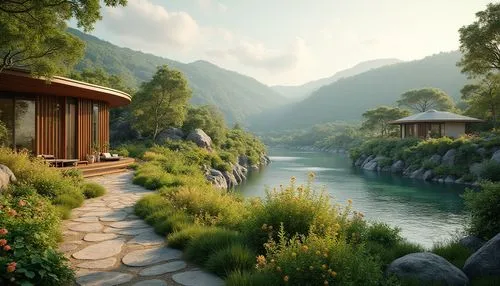 house by the water,summer cottage,houseboats,rivendell,teahouse,riverwood,home landscape,seclude,idyllic,fantasy landscape,river landscape,cryengine,creekside,floating huts,landscape background,the cabin in the mountains,japan landscape,house in the mountains,riverside,streamside,Photography,General,Realistic