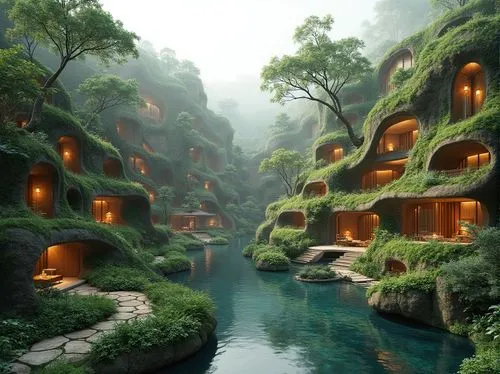 shaoming,rivendell,asian architecture,rain forest,tree house hotel,rainforests,ecotopia,hanging houses,fantasy landscape,futuristic landscape,shangri,tailandia,floating huts,treehouses,apartment complex,greenforest,shangrila,ancient city,3d fantasy,yangling,Photography,General,Realistic