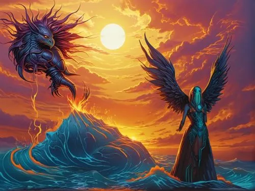 a woman and two mythical creatures are near the water,tiamat,sirene,merfolk,fantasy picture,fantasy art,firewind,Illustration,Realistic Fantasy,Realistic Fantasy 25