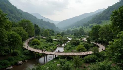 Sweeping hills, lush green forests, meandering streams, rustic wooden bridges, natural stone walls, curved lines, organic forms, earthy tones, blending boundaries, seamless transitions, harmonious coe