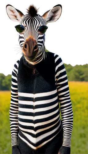 Zebra, standing, wearing trendy sunglasses, black and white stripes, relaxed posture, ears perked up, whiskers visible, grassland background, warm sunlight, shallow depth of field, 3/4 composition, vi