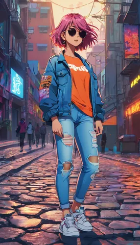 2d,colorful city,vector girl,cyberpunk,dusk background,world digital painting,digital painting,fashionable girl,pedestrian,urban,80s,jacket,alley,alleyway,girl walking away,a pedestrian,80's design,shopping street,city trans,noodle image,Illustration,Japanese style,Japanese Style 03