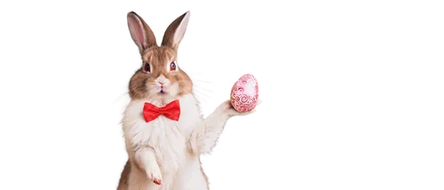 Cute Easter bunny, holding chocolate egg, white fluffy fur, pink nose, big shiny eyes, whiskers, standing on hind legs, wearing red bow tie, golden wrapping paper, soft focus, warm lighting, 3/4 compo