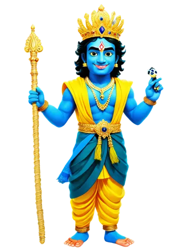 Lord Sri Krishna, Indian deity, blue skin, yellow dhoti, crown with peacock feathers, earrings, sacred thread, flute in hand, standing with crossed legs, serene smile, soft focus, warm lighting, cinem