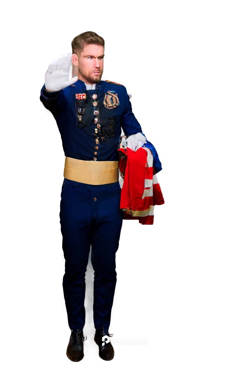 Marine Corps birthday, male soldier, formal uniform, gold buttons, white gloves, blue trousers, red stripes, medals on chest, serious facial expression, standing at attention, backlit, American flag i