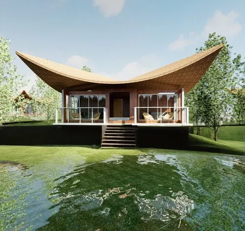 pool house,pavillon,3d rendering,house with lake,summer house,sketchup