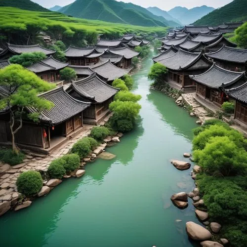 green trees with water,guizhou,qingcheng,shaoming,asian architecture,yunnan,shannxi,wuyuan,teahouses,hezhou,green landscape,yunyang,qingming,yangshao,korean folk village,shaoshan,haiyuan,suzhou,hengdian,yinzhen,Photography,General,Realistic