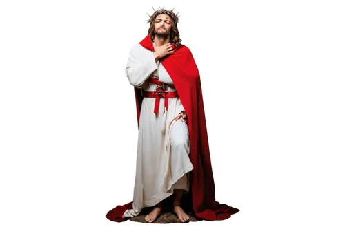 Jesus Christ, crucified, crown of thorns, wounds on hands and feet, serene face, white robe, red cloak, wooden cross, intricate carvings, sunset background, dramatic lighting, high contrast, shallow d