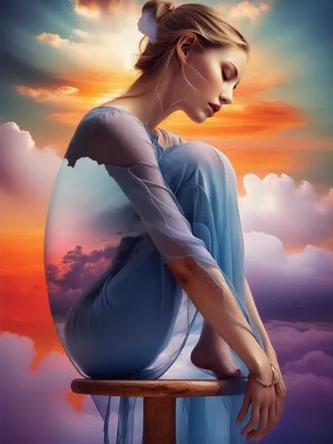 a woman sitting on top of a stool in the clouds,pregnant woman icon,pregnant woman,world digital painting,pregnant statue,preborn,woman thinking,Photography,Black and white photography,Black and White