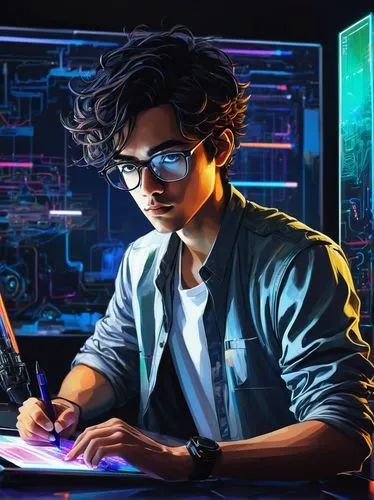 man with a computer,coder,sci fiction illustration,cyber glasses,girl at the computer,cg artwork,cyberpunk,computer freak,cyber,computer addiction,computer,computer art,night administrator,illustrator,computer science,world digital painting,computer business,hacking,tutor,neon human resources,Illustration,Realistic Fantasy,Realistic Fantasy 23