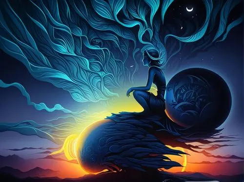 painting of a person sitting on a giant ball,crescent moon,taniwha,samudra,samsung wallpaper,paisley digital background,woodring,Illustration,Realistic Fantasy,Realistic Fantasy 25