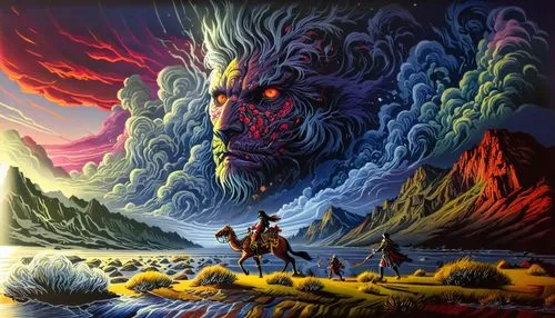 a painting with people riding horses and a mountain in the background,hildebrandt,guards of the canyon,samuil,kadath,prog,eternia,Illustration,Realistic Fantasy,Realistic Fantasy 25