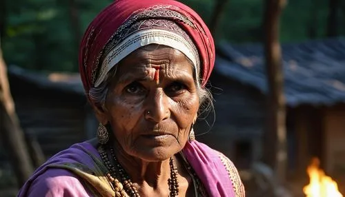 portrait of Indian village old woman at a gathering in the forests of Himachal Pradesh, Cinematic, Photoshoot, Shot on 25mm lens, Depth of Field, Tilt Blur, Shutter Speed 1/1000, F/22, White Balance, 