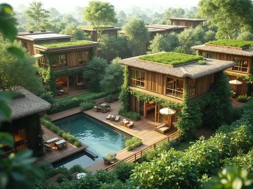 amanresorts,asian architecture,forest house,kampung,tree house hotel,anantara,house in the forest,treehouses,idyllic,3d rendering,resort,holiday villa,ecovillage,baan,shangri,buangan,bungalows,vietnam,ecovillages,ryokan,Photography,General,Realistic