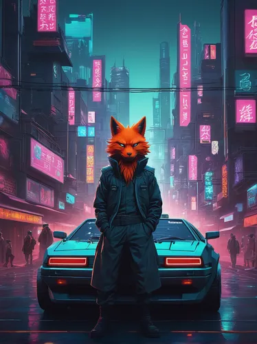 cyberpunk,fox,fox in the rain,a fox,foxes,tokyo city,would a background,dystopian,game art,cityscape,suburb,80s,jackal,urban,child fox,stranger,tokyo,nightlife,gangstar,patrols,Conceptual Art,Sci-Fi,Sci-Fi 11