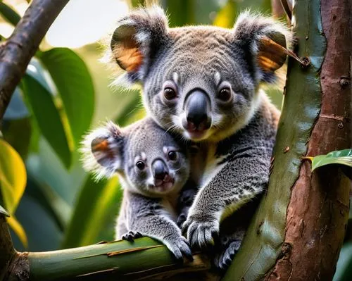 a koala with a cub rests on the branch of a large tree,two koalas are sitting on a tree in the wild,koalas,galagos,australia zoo,baby with mom,marsupials,cute koala,Photography,General,Natural