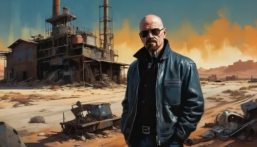 Walter White, mature man, sinister facial expression, bald head, goatee, black sunglasses, black leather jacket, grey shirt, dark jeans, boots, standing, desert landscape, abandoned warehouse, broken 