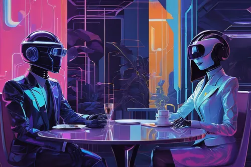 retro diner,diner,neon coffee,neon drinks,dining,neon ghosts,sci fiction illustration,dinner for two,cyberpunk,neon cocktails,neon tea,the coffee shop,coffee shop,droids,date night,romantic dinner,conversation,date,cg artwork,bistro,Conceptual Art,Sci-Fi,Sci-Fi 23