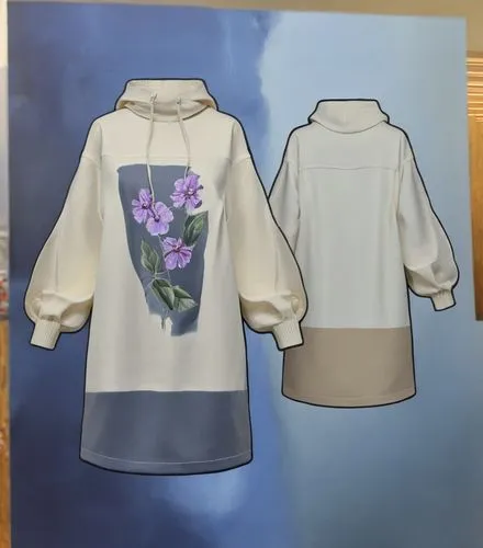 create a theme based on the painting in the garment.  make it one color for the top and back and back put the picture print 
,a po of two women's hoodies with flowers on them,floral mockup,flowers png