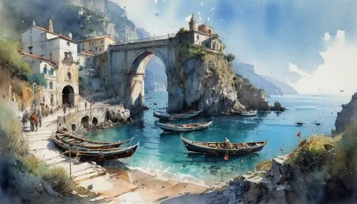 venetian,portofino,positano,boat landscape,world digital painting,fishing village,harbor,capri,boats,fantasy landscape,dubrovnik,gondolas,cinque terre,amalfi,vernazza,sea landscape,dubrovnic,coastal landscape,mediterranean,harbour,Illustration,Paper based,Paper Based 07