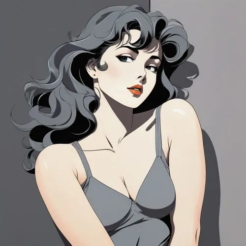 Create an intense and evocative portrait in the retro anime style of the 80s and 90s. The scene shows a woman bathed in a deep gray light, leaning against a wall with her arms raised and her eyes clos