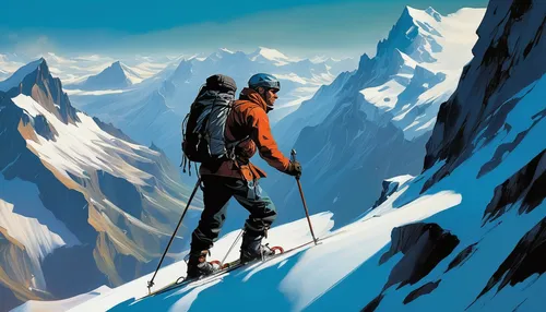 ski mountaineering,ski touring,mountain guide,mountaineer,alpine climbing,alpine crossing,ice climbing,steep,everest,mountaineering,mountain climber,mount everest,mountaineers,breithorn,high-altitude mountain tour,crampons,alpine skiing,aiguille du midi,alpine route,ski equipment,Conceptual Art,Oil color,Oil Color 04